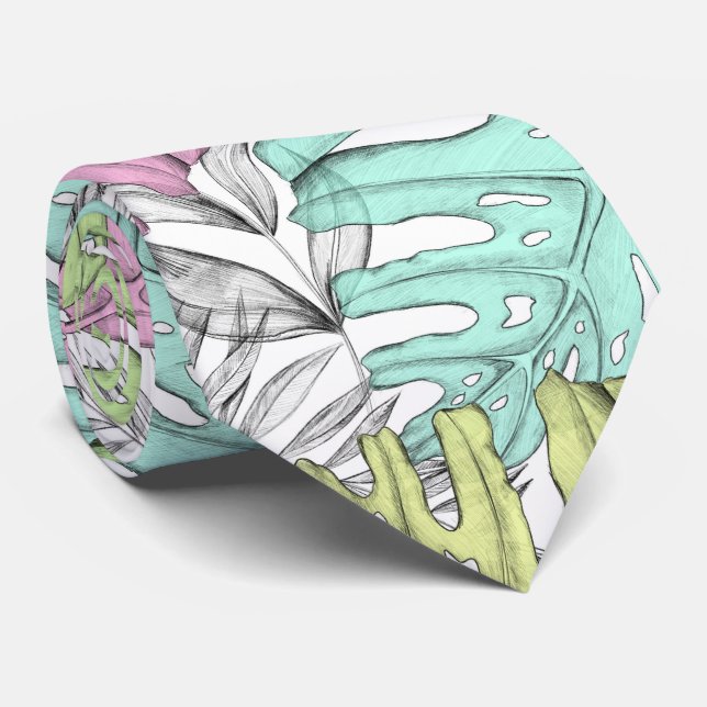 Corbata Pastel monstera hoja de palma de hoja tropical acu (Enrollado)