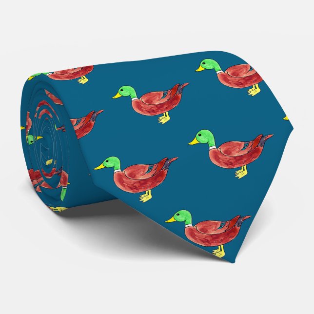 Corbata Pato silbón de cabeza verde acuarela (Enrollado)