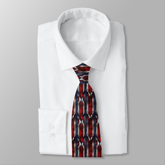 Corbata Patriótico Rojo Blanco Azul Patrón Geométrico (Atado)