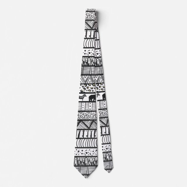 Corbata Patrón africano tribal blanco negro (Anverso)