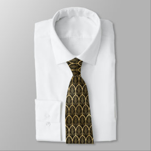 Corbata Patrón Art Deco de hojas de palma en negro y oro