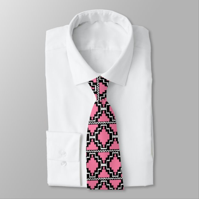 Corbata Patrón Azteca Ikat - Rosa Fuchsia, Negro y Blanco (Atado)