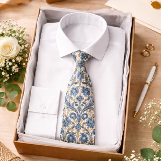 Corbata Patrón Barroco Floral Azul Elegante Clásico