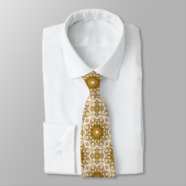 Corbata Patrón Batik Mandala Mostaza Oro y Crema (Atado)