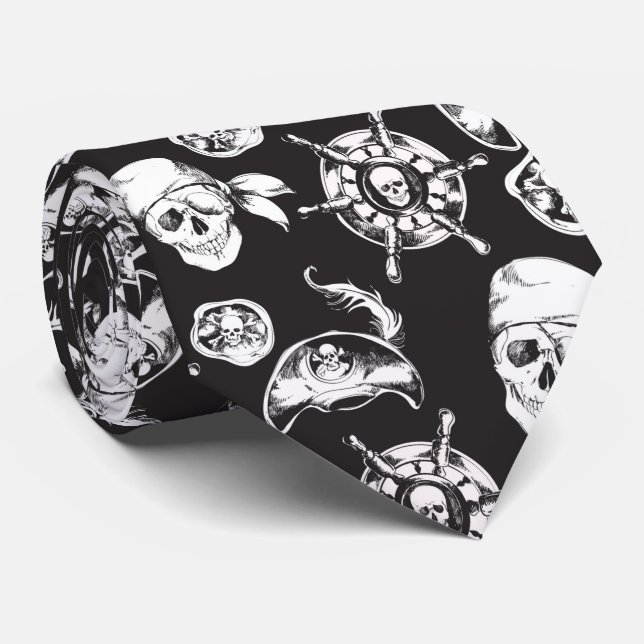 Corbata Patrón blanco negro de cráneos piratas (Enrollado)