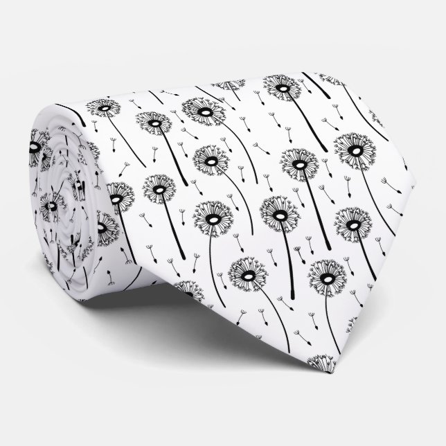 Corbata Patrón bohemio de dientes de león en blanco y negr (Enrollado)
