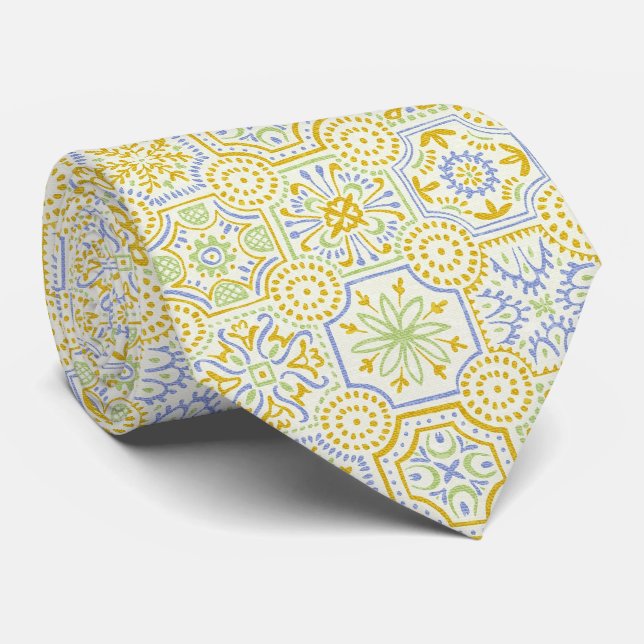 Corbata Patrón boho de azulejo mediterráneo acuarela (Enrollado)