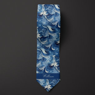 Corbata Patrón Botánico Azul y Blanco