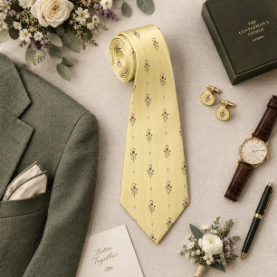 Corbata Patrón Botánico de Ciruela y Salvia sobre Amarillo
