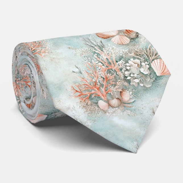 Corbata Patrón Botánico de Concha de Océano Aqua Suave (Enrollado)