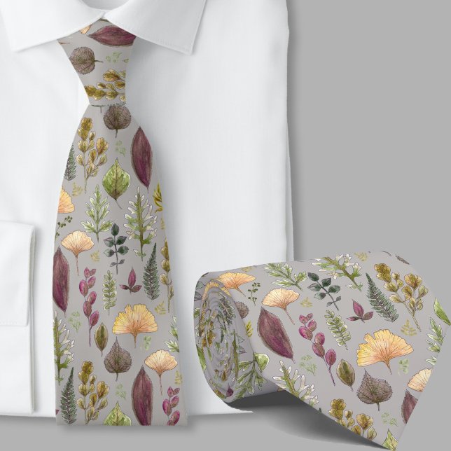 Corbata Patrón botánico de hojas de otoño modernas grises (Subido por el creador)