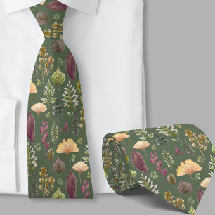 Corbata Patrón botánico de hojas de otoño modernas verde