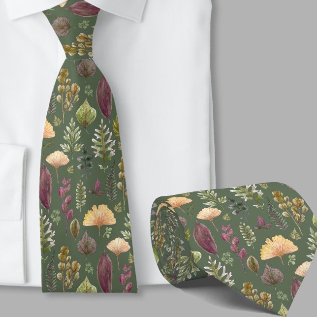 Corbata Patrón botánico de hojas de otoño modernas verde (Subido por el creador)