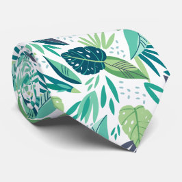 Corbata Patrón botánico de hojas tropicales verdes y blanc