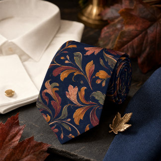 Corbata Patrón Botánico de Otoño – Azul Marino Profundo