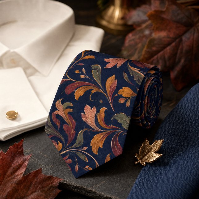 Corbata Patrón Botánico de Otoño – Azul Marino Profundo (Autumn Botanical Pattern – Deep Navy Neck Tie)