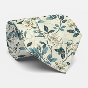 Corbata Patrón Botánico Floral Azul Vintage (6)