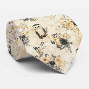 Corbata Patrón Botánico Floral de Búho Beige Neutro