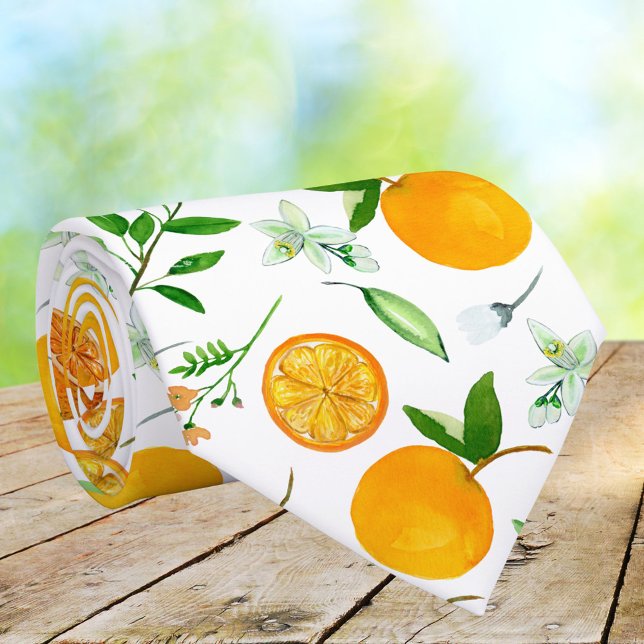 Corbata Patrón Botánico Floral de Citricos de Naranja Vera (Close up)