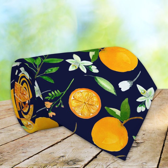 Corbata Patrón Botánico Floral de Citricos Naranja Verano (Close up)