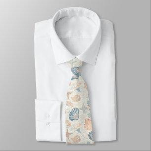 Corbata Patrón Botánico Marino Coral Azul Melocotón Concha