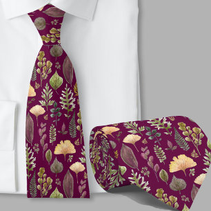 Corbata Patrón botánico moderno de hojas de otoño en burgu