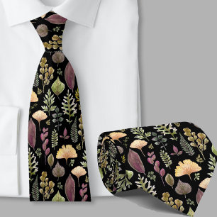 Corbata Patrón botánico moderno de hojas de otoño negras