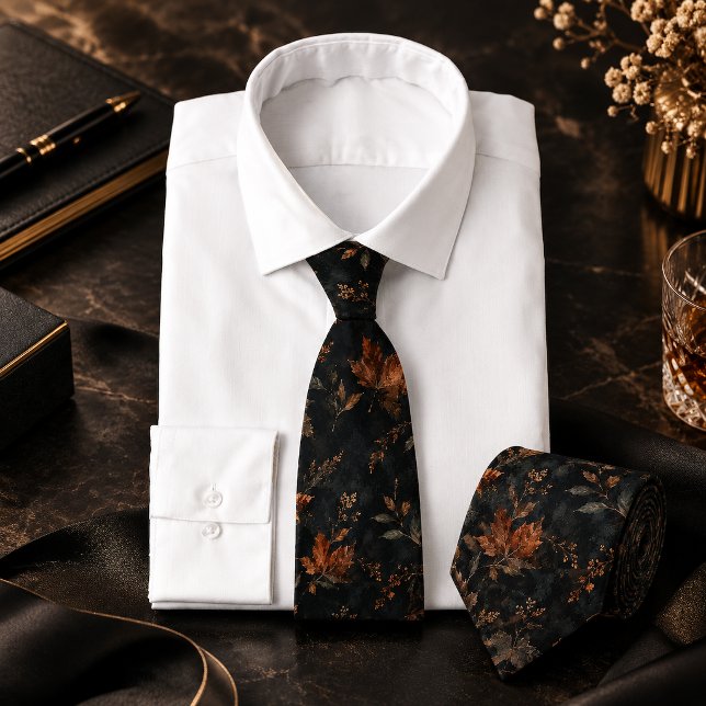Corbata Patrón Botánico Sin Costuras de Hojas de Otoño Osc (Dark Autumn Leaves Seamless Botanical Pattern Neck Tie)