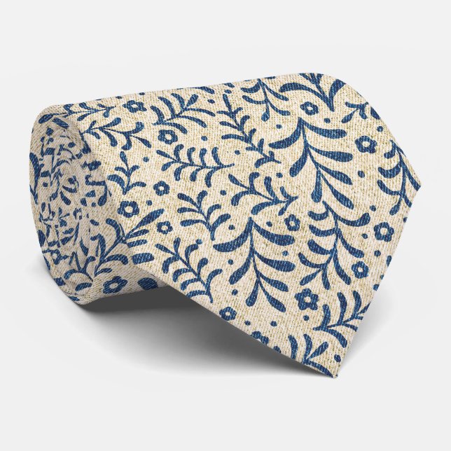 Corbata Patrón calico botánico elegante azul y crema (Enrollado)
