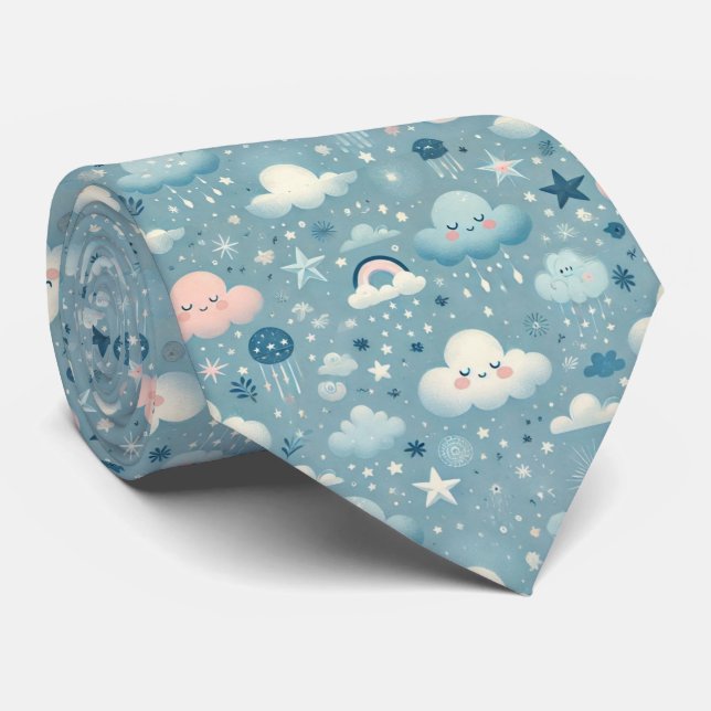 Corbata Patrón caprichoso de cielo con nubes, estrellas -  (Enrollado)