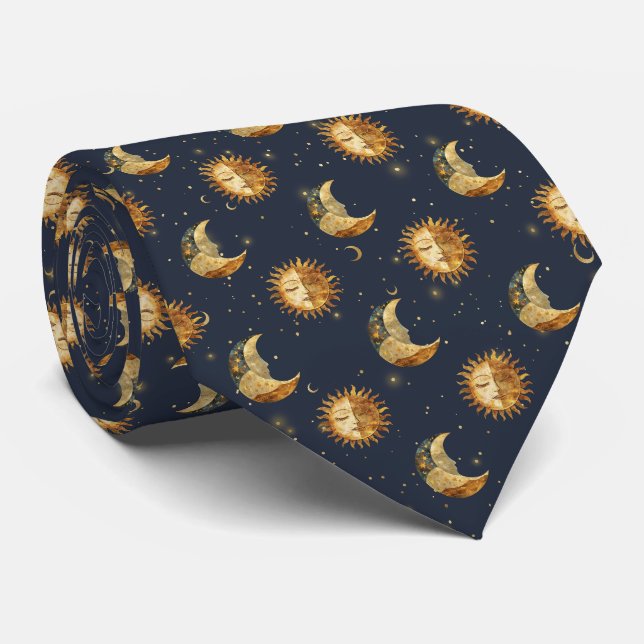 Corbata Patrón Celestial de Sol y Luna Dorado Noche Estrel (Enrollado)