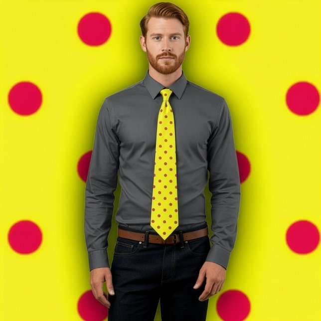 Corbata Patrón clásico de puntos de polka roja en el dedo  (Man wears a yellow tie with red polka dots. Background matches the pattern on tie.)