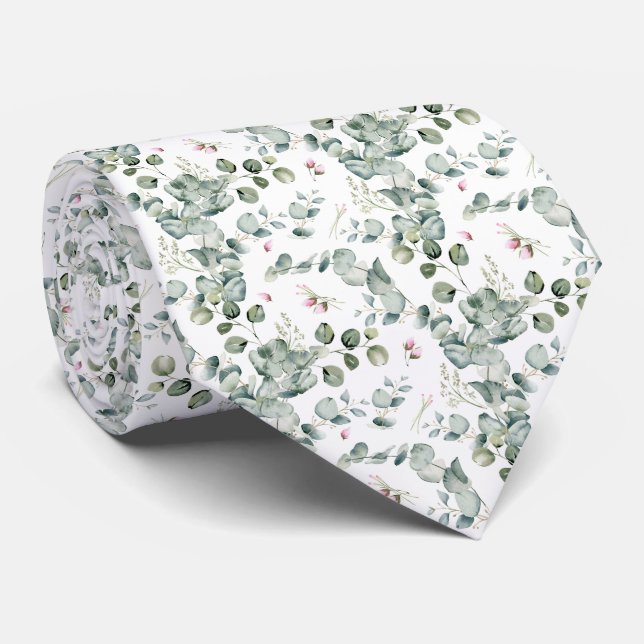 Corbata Patrón continuo botánico de eucalipto acuarela (Enrollado)