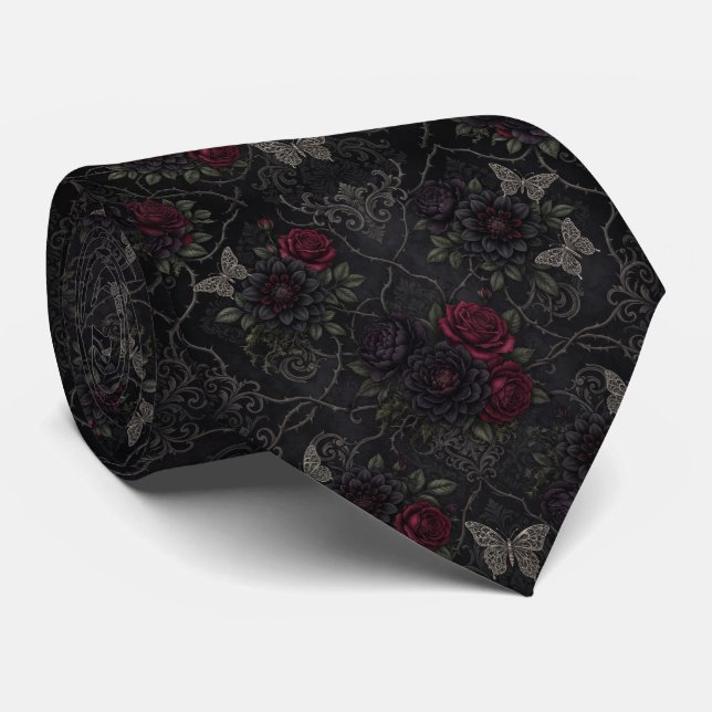 Corbata Patrón continuo de Damasco Gótico Oscuro con Rosas (Enrollado)