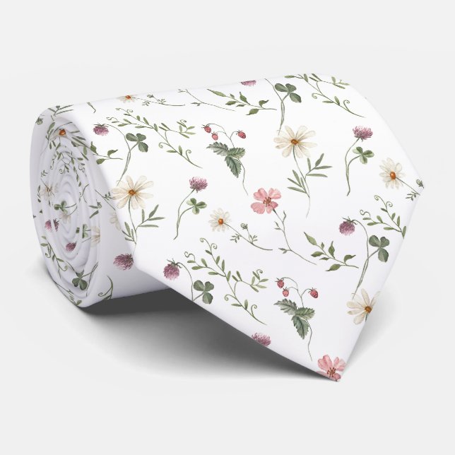 Corbata Patrón continuo de flores silvestres en acuarela (Enrollado)