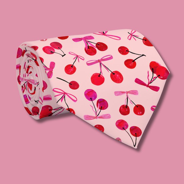 Corbata Patrón Coquette Cherry & Pink Bow (Cute cherry & bow, coquette aesthetic neck tie)