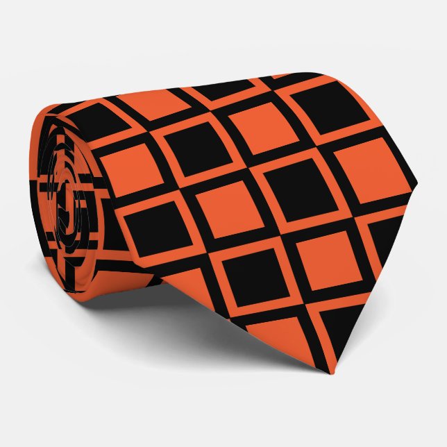 Corbata Patrón Cuadrado de Cuadros Negro Naranja (Enrollado)
