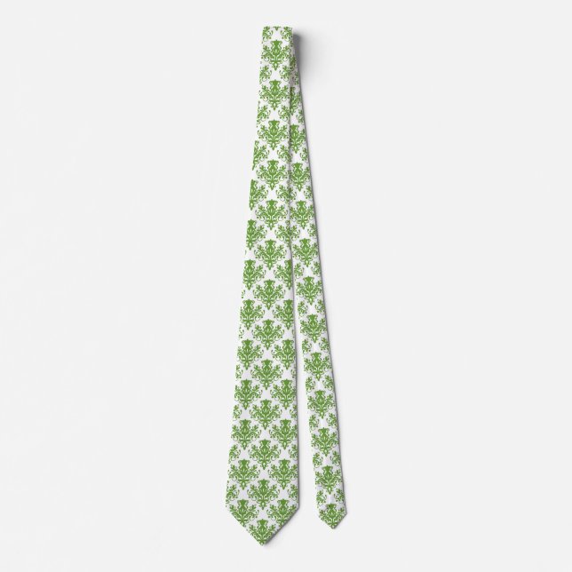 Corbata Patrón Damask 02 - Aguacate verde sobre blanco (Anverso)