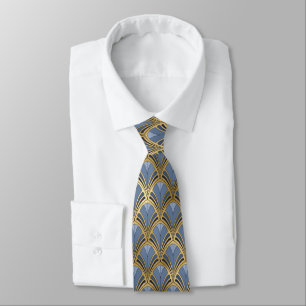 Corbata Patrón de abanico geométrico vintage azul oro Art