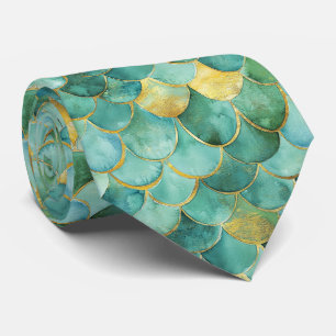 Corbata Patrón de acuarela de escama de sirena Aqua Dorada