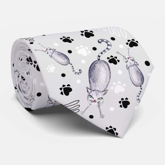 Corbata Patrón De Acuarela De Gatos Y Pasta (Enrollado)