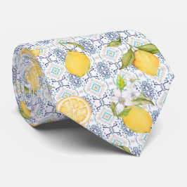 Corbata Patrón de acuarela de limón siciliano con azul orn