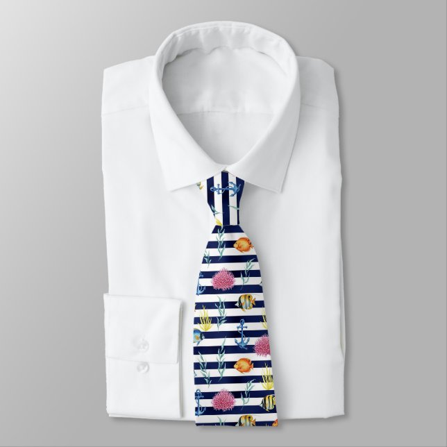 Corbata Patrón de acuarela náutica retro (8) (Atado)