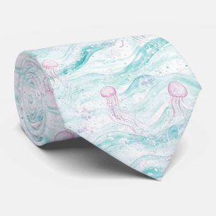 Corbata Patrón de agua de acuarela soñadora con medusas (4