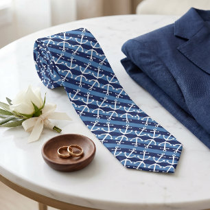 Corbata Patrón de ancla blanca náutica con rayas azul azur