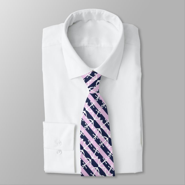 Corbata Patrón de anclaje blanco naumático rayas rosadas r (Atado)
