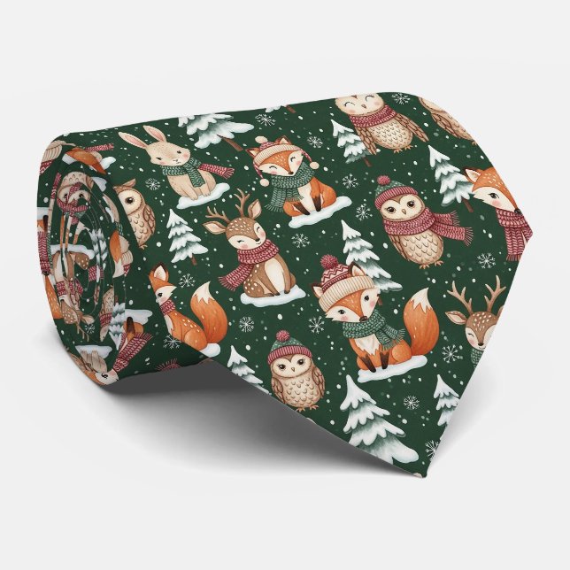 Corbata Patrón de animal de Navidad del bosque verde lindo (Enrollado)