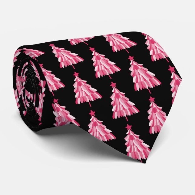 Corbata Patrón de árbol de Navidad negro rosa moderno (Enrollado)