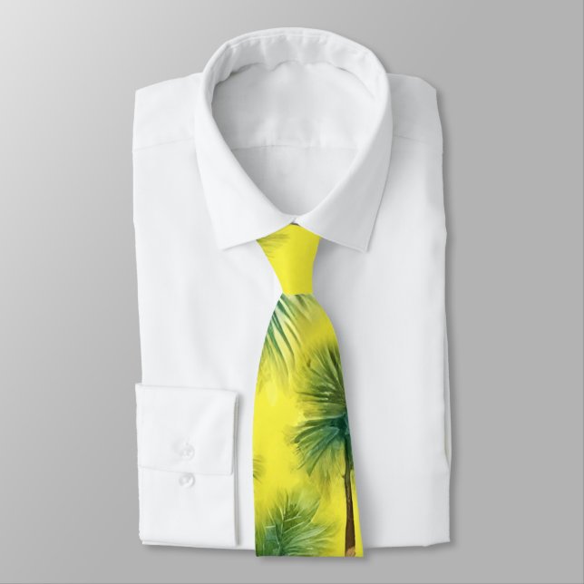 Corbata Patrón de árbol de palma verde y amarillo acuarela (Atado)