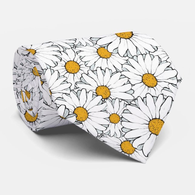 Corbata Patrón de arte floral de margarita blanca amarilla (Enrollado)